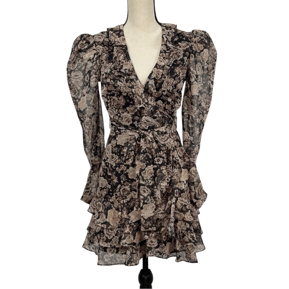 Bardot Black & Beige Floral Long Sleeve Wrap Dress